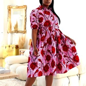 African print pink button down shirt dress LARGE